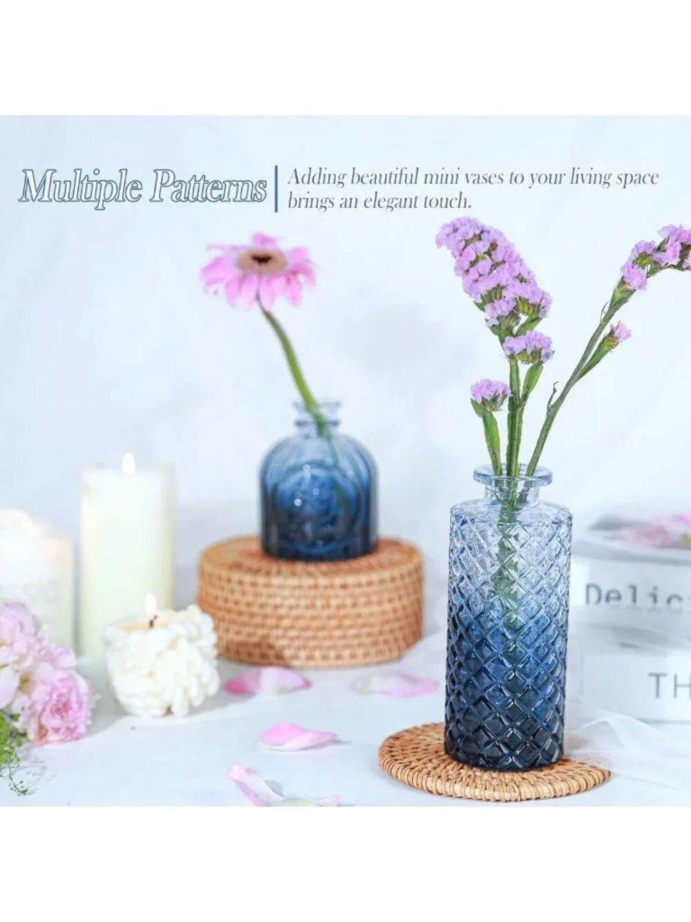 Set of 5 Mini Blue Glass Bud Vases | Vintage Floral Centerpieces for Weddings